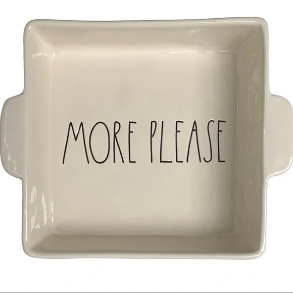 Rae Dunn MORE PLEASE Casserole Baking Dish White Black Large Letters Dimples NWT - Picture 1 of 12